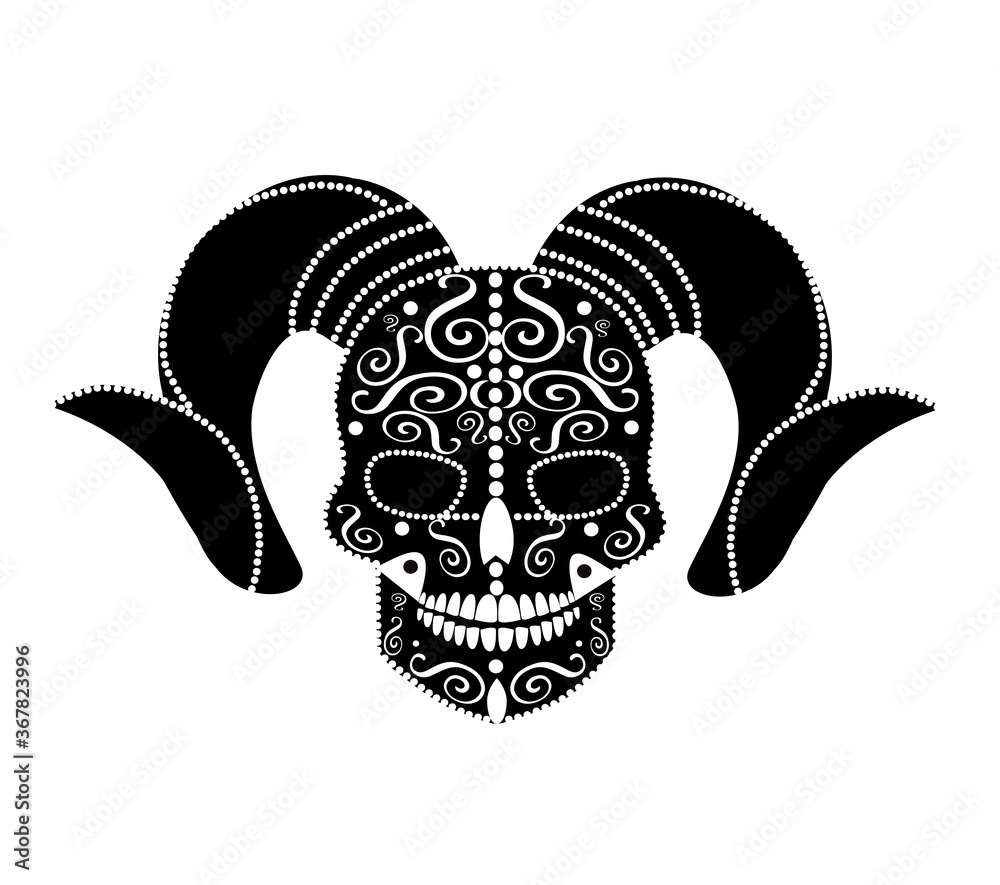 Obraz premium Devil skull with horns black and white vector background