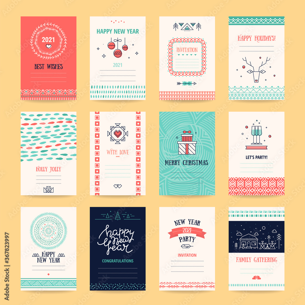 Happy New Year, Merry Christmas, Family holidays greeting card templates. Artistic collection with hand drawn ethnic textures, knitted ornaments, thin line icons, geometric stylized illustrations.