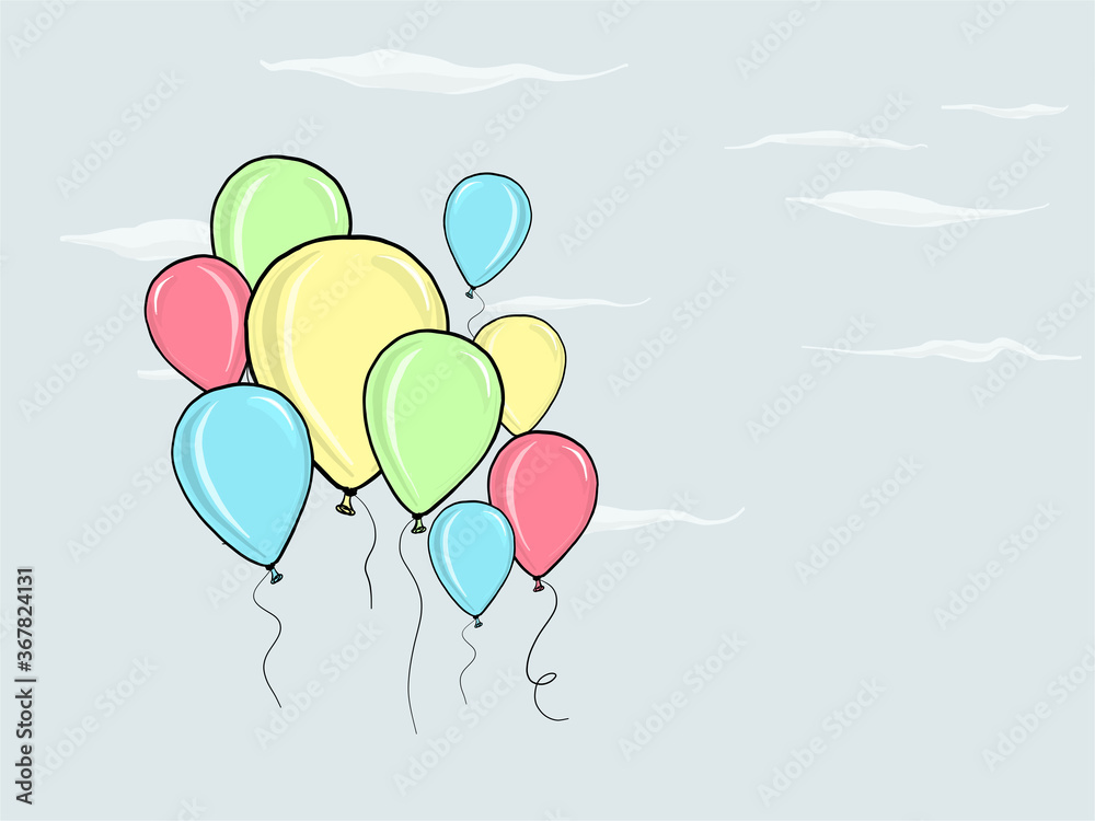 Hand drawn illustration. Colorful balloons for a celebration, against a sky with fluffy clouds.