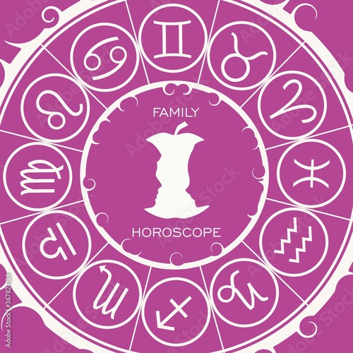 Mystical geometry symbol. Linear alchemy, occult, philosophical sign. Astrology and religion concept. Zodiac circle. Optical illusion. Human heads make silhouette of fruit