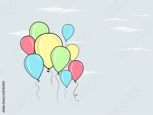 Hand drawn illustration. Colorful balloons for a celebration, against a sky with fluffy clouds.