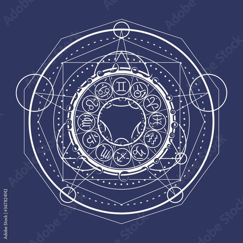 Mystical geometry symbol. Linear alchemy, occult, philosophical sign. Astrology and religion concept. Zodiac circle