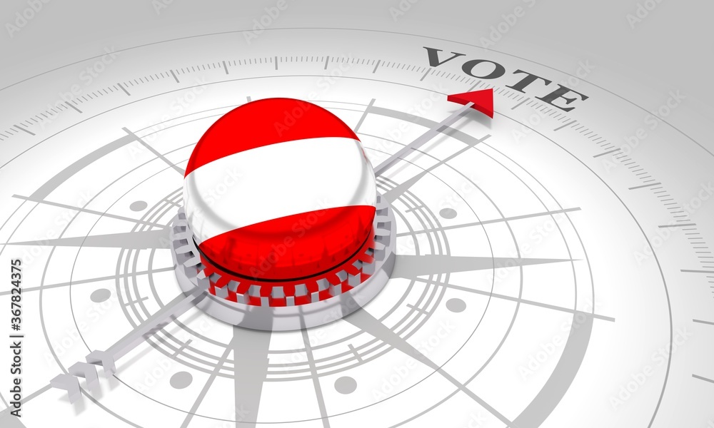 Voting concept. 3D rendering. Abstract compass points to the vote word. Flag of the Austria Voting concept. 3D rendering. Abstract compass points to the vote word. Flag of the Austria