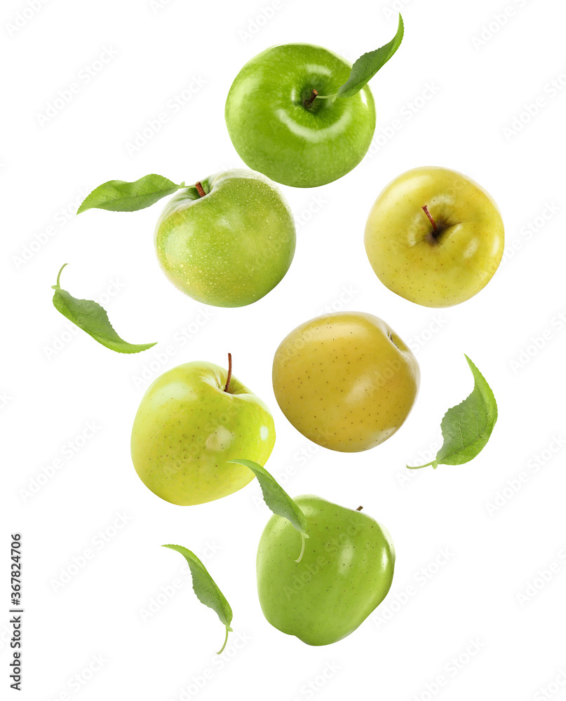 Different ripe apples falling on white background
