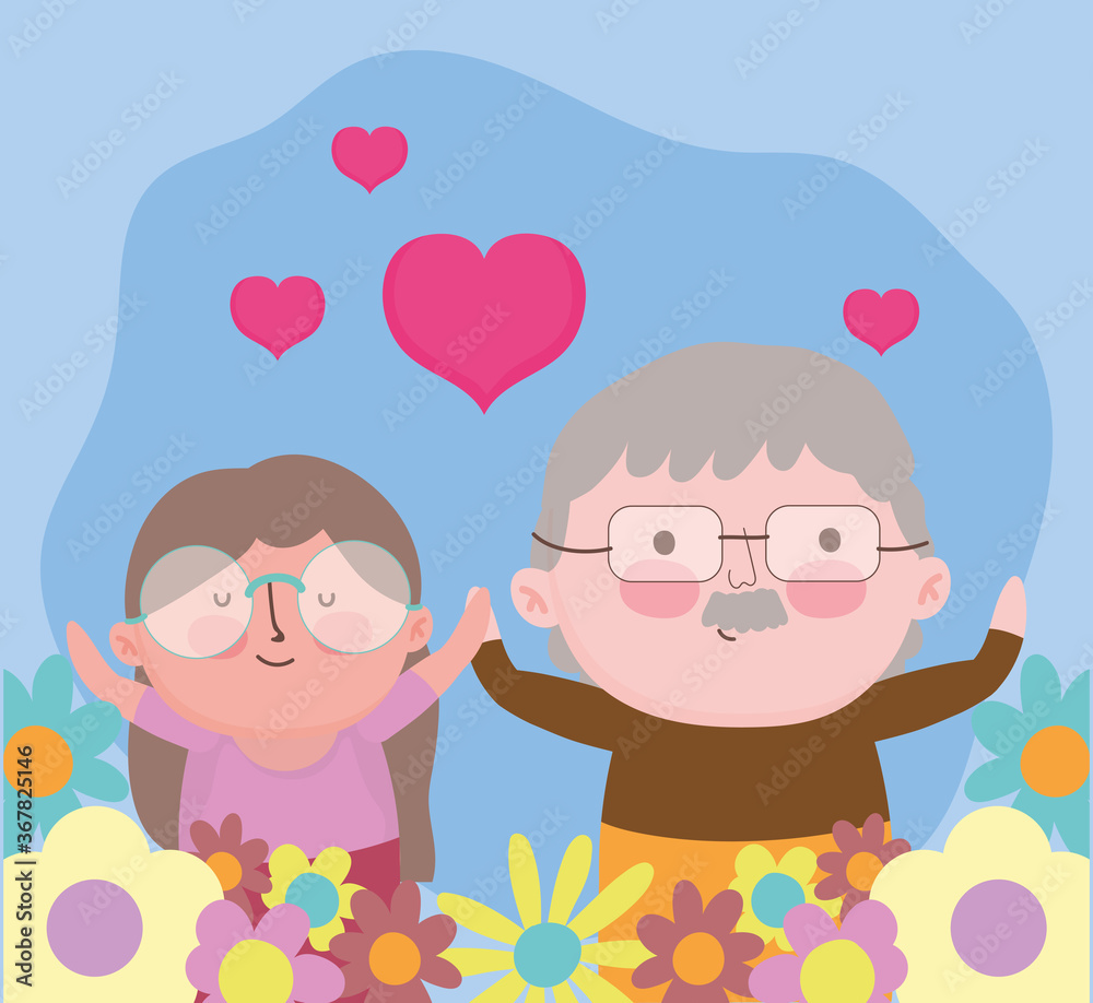 happy grandparents day, cute portrait old couple flowers love hearts cartoon