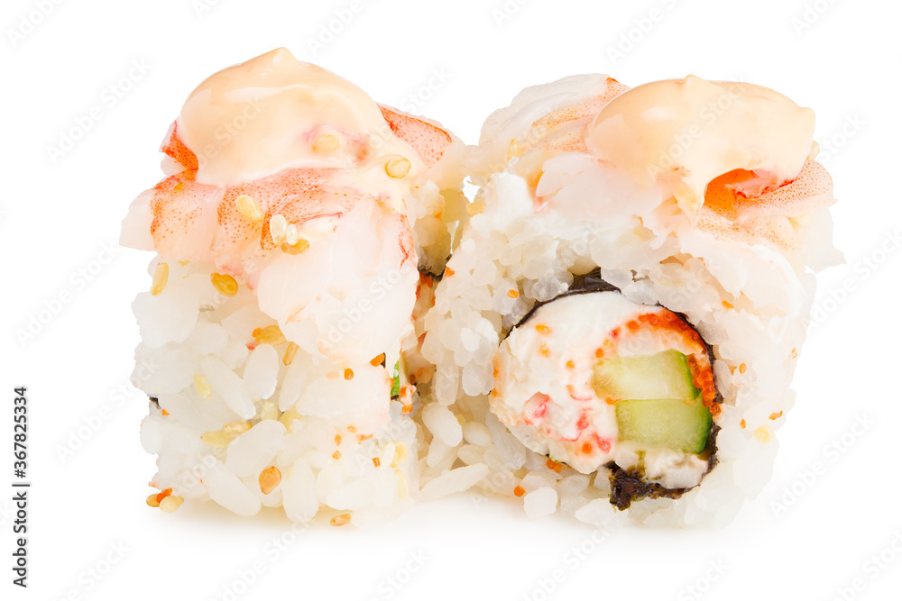 Sushi roll (California) with crab meat, avocado, cucumber isolated on white background. Japanese food Sushi roll (California) with crab meat, avocado, cucumber isolated on white background. Japanese food