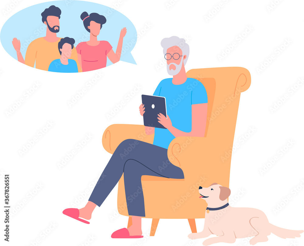 Grandfather talk to his family using internet technology
