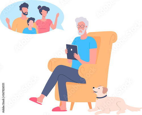 Grandfather talk to his family using internet technology