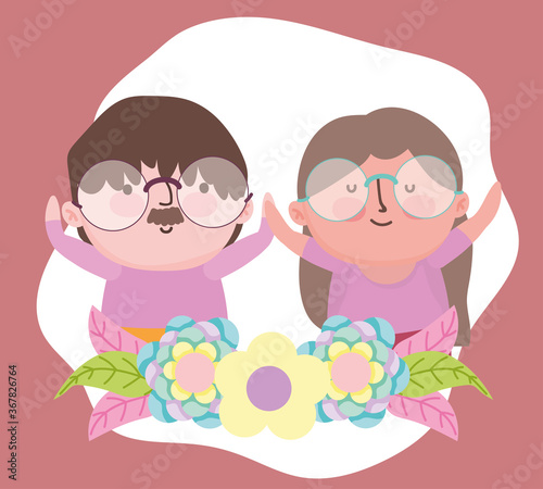 happy grandparents day, cute old couple together flowers cartoon