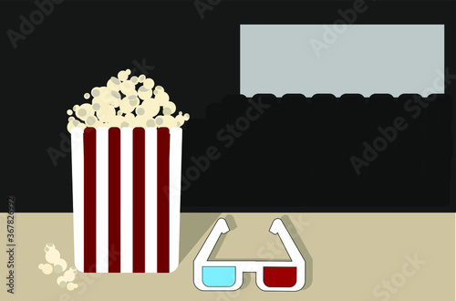 Vector illustration. A box of popcorn. Watching a movie in the cinema. Cheerful mood. Element for design.