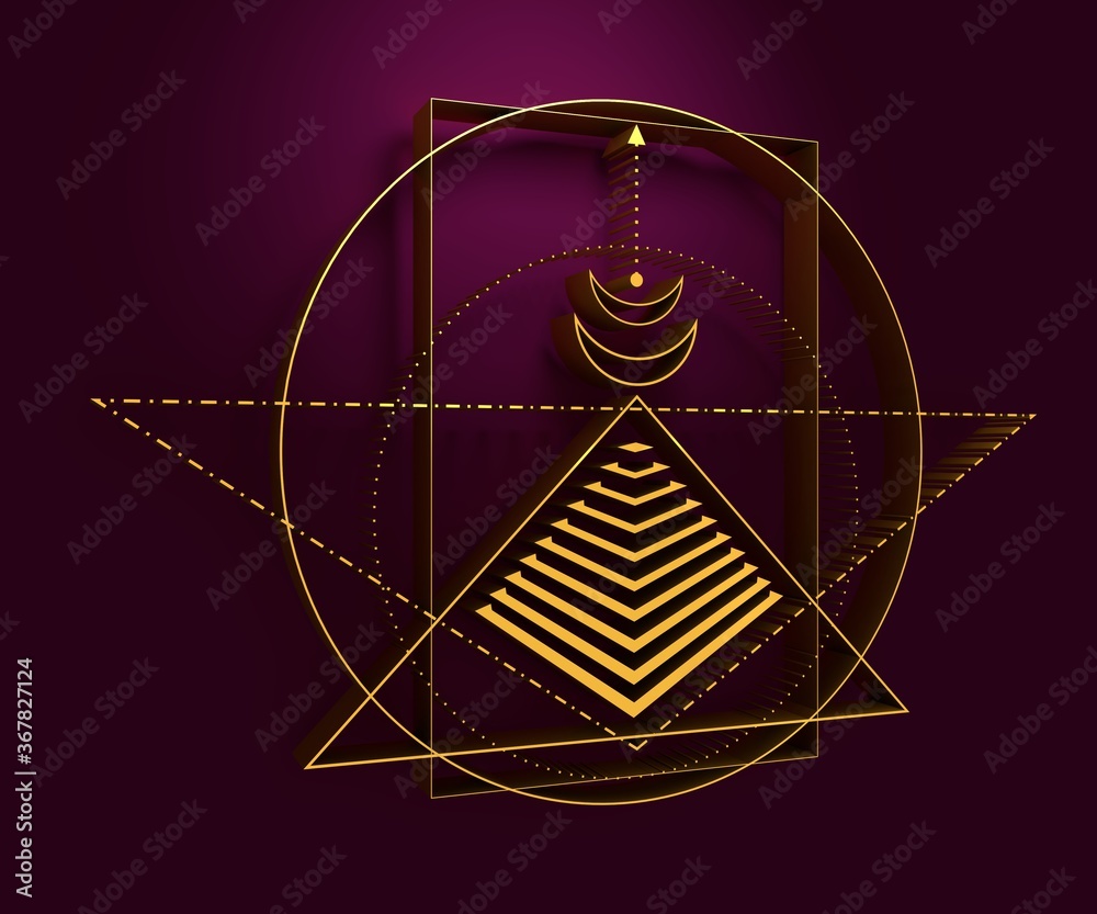 Mystical geometry symbol. Linear alchemy, occult, philosophical sign. For music album cover, poster, sacramental design. Astrology and religion concept. 3D rendering Mystical geometry symbol. Linear alchemy, occult, philosophical sign. For music album cover, poster, sacramental design. Astrology and religion concept. 3D rendering