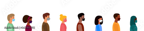 A queue of people in medical and fabric masks, respirators, keeping a social distance. Boys and girls of various nationalities. Vector cartoon illustration. 