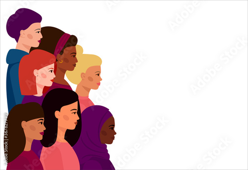 A group of young women with different skin and hair colors. A symbol of feminism, Sisterhood, and the struggle for equal rights. Vector illustration.