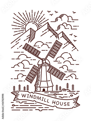 Windmill line illustration. hand drawn