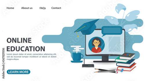Online training web design pages with tiny people and books home education on computer Internet technologies flat vector illustration cartoon