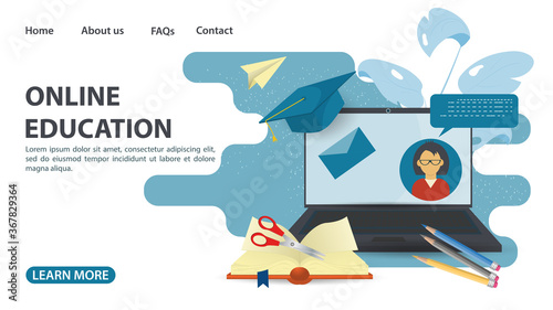 Online training web page design Laptop with a book home education on computer Internet technologies flat vector illustration cartoon