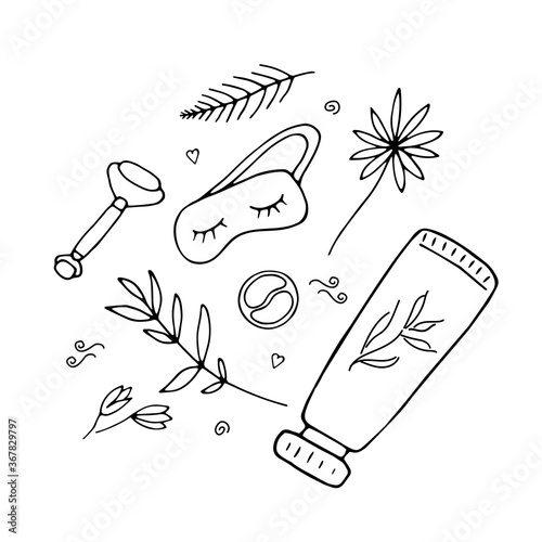 Cute girlish beauty poster with cosmetics and tools. Massage roller, sleep mask, patches and hand cream. Doodle hand drawn elements. Vector illustration