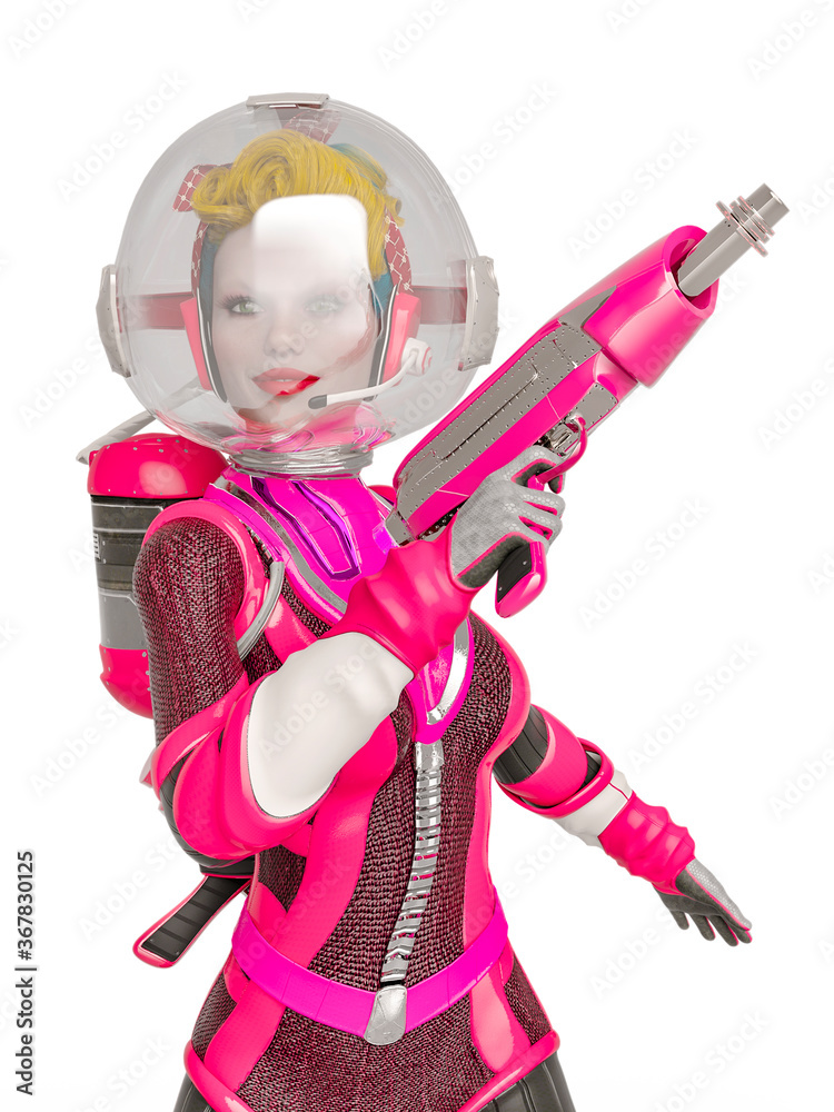 astronaut pin-up girl is holding a gun in white background close up view_