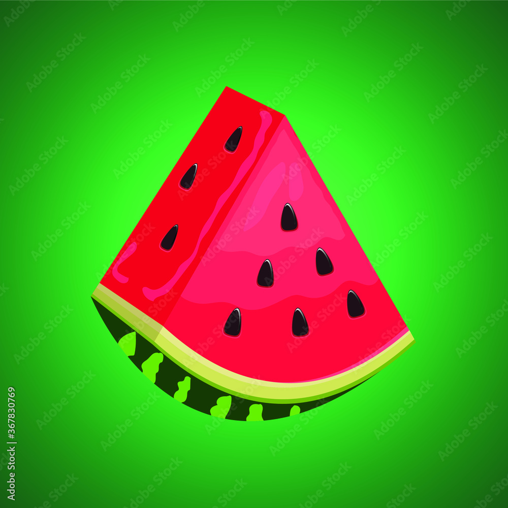 3D Watermelon slice vector with green gradient background