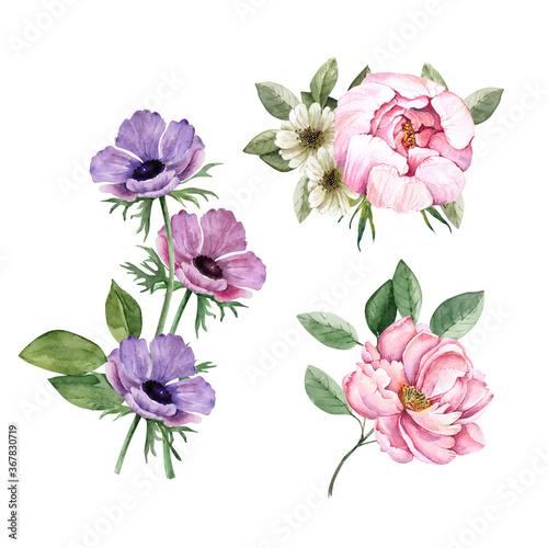 bouquets with pink and lilac flowers, watercolor set on white background
