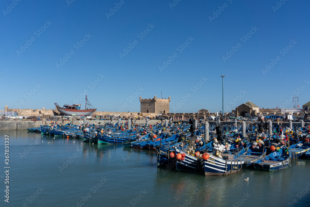 Blue boats at Essaouira port in Morocco.