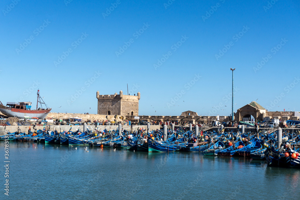 Blue boats at Essaouira port in Morocco.