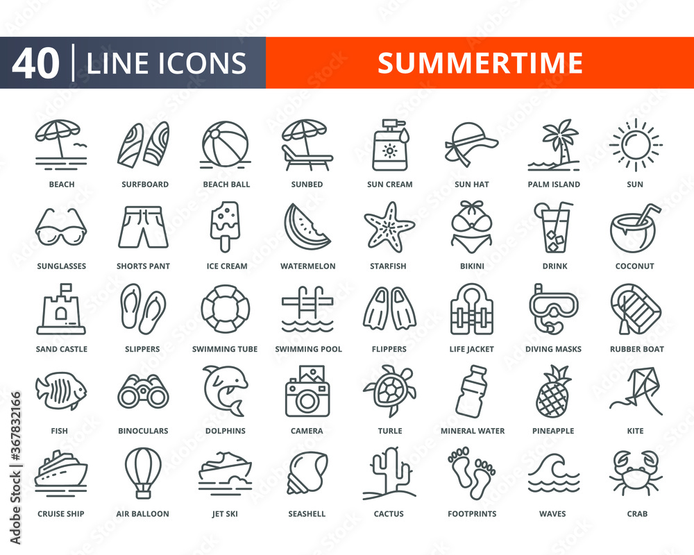 Summer lines icon set. Summertime vacation, beach thin icons element for web