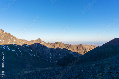 High Atlas Mountains in Morocco. Road to Toubkal in Toubkal National Park