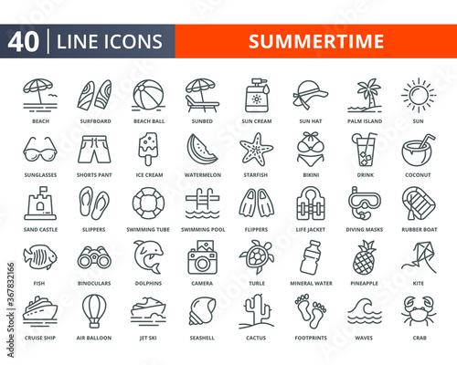 Summer lines icon set. Summertime vacation  beach thin icons element for web