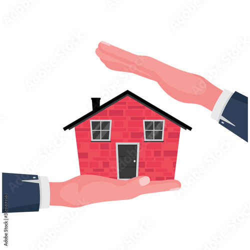 A broker handover a house insurance to client feature a hand holding a red house