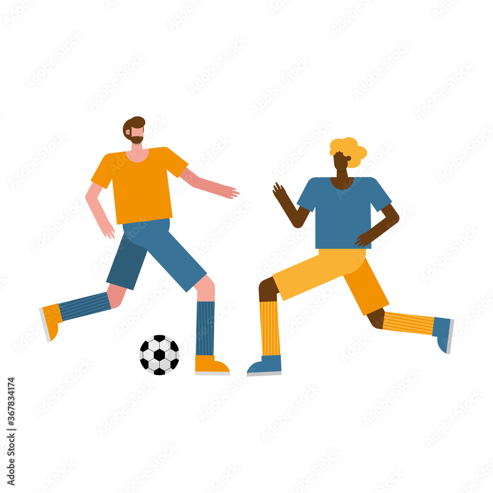 young men playing soccer practicing activity characters