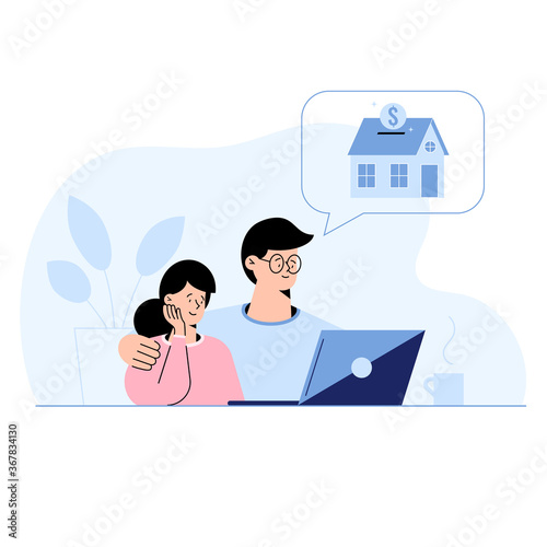 Young couple sitting at home choosing a suitable house mortgage option in a laptop. Man and woman select house to buy, rent, bank to approve mortgage. Flat design home loan concept vector illustration