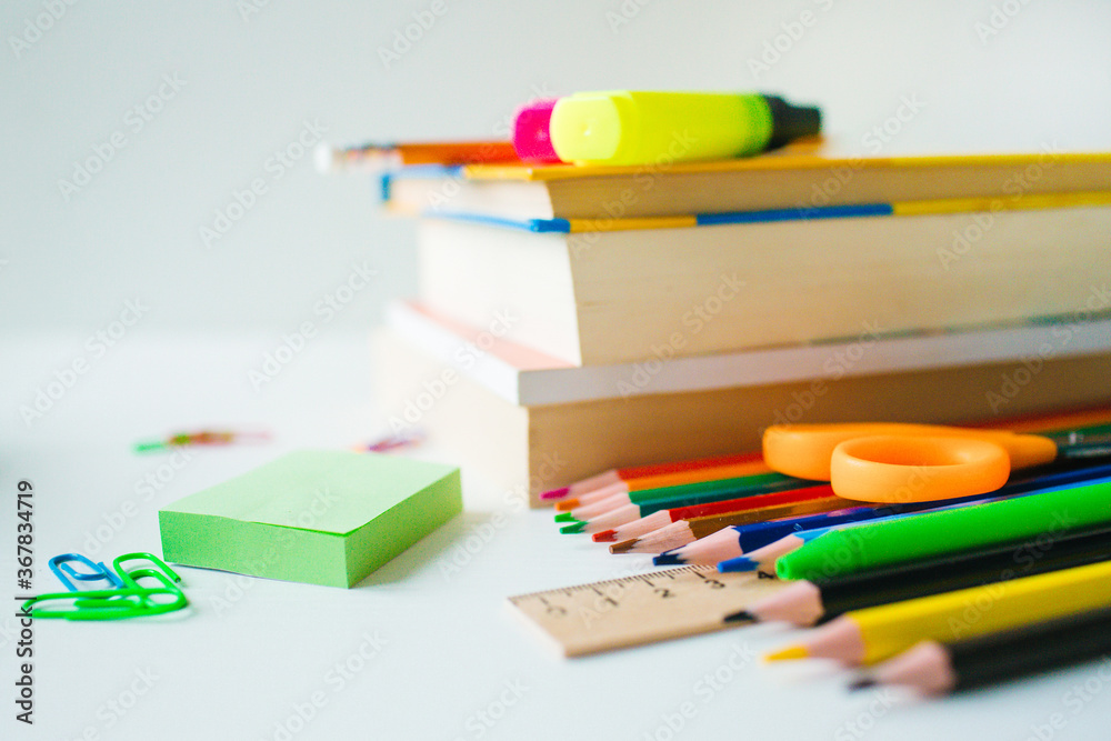 Fototapeta premium school supplies and paper clips on the white background