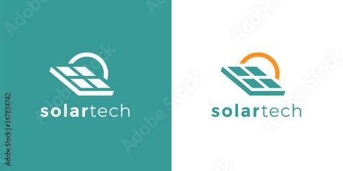 Solar tech company logo icon template. Solar panel and sun sign. Alternative natural power business emblem. Renewable energy symbol. Vector illustration.