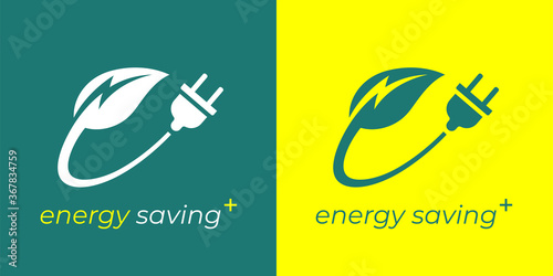 Renewable green energy saving logo icon. Abstract electrical charge bolt leaf and power plug sign. Sustainable eco electricity company symbol. Vector illustration.