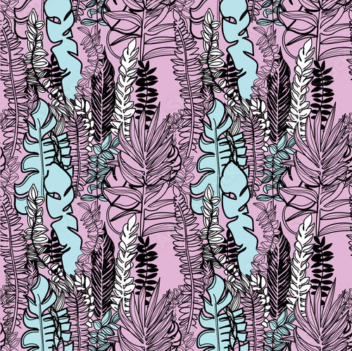 Seamless pattern of tropical plants. Drawing by hand, children's drawing. Stylish summer background in vintage style. Children's drawing.