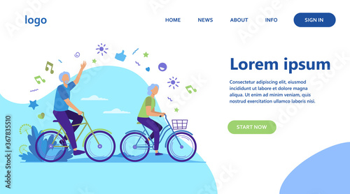 Senior man and woman riding bikes in city park. Happy cartoon old family couple enjoying outdoor activity. Vector illustration for retirement, active lifestyle, age, relationship concept