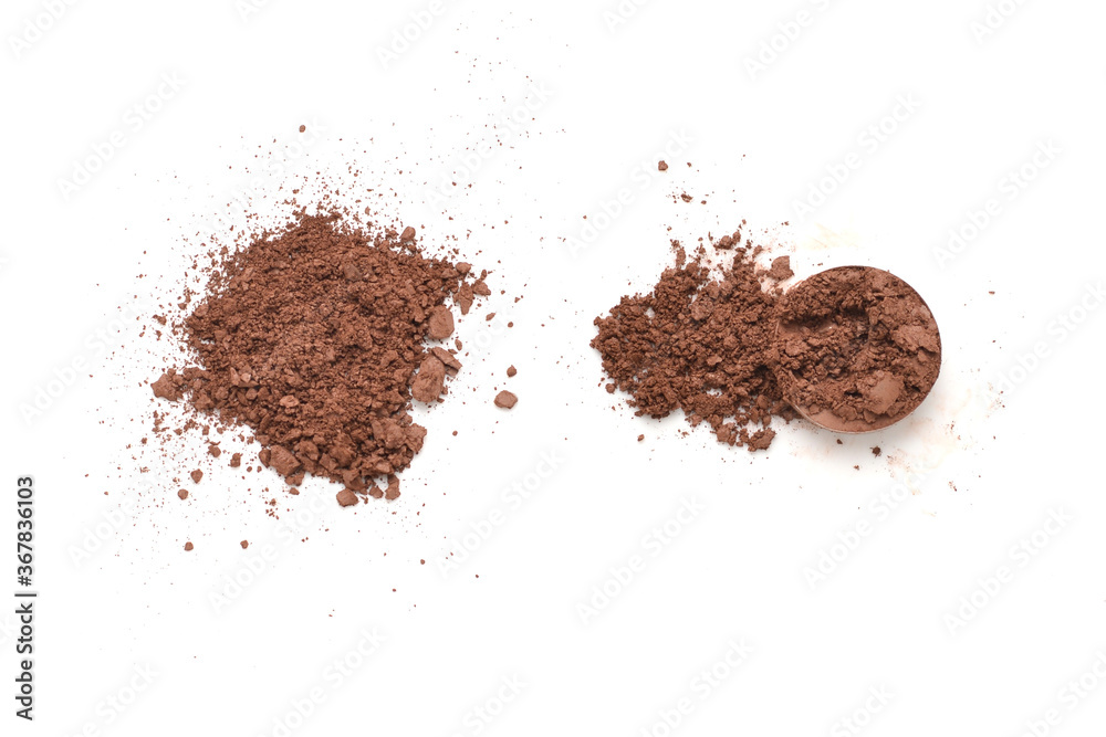 Makeup cosmetics. Eyeshadow in brown color crushed palette, colorful eye shadow powder on white background Makeup cosmetics. Eyeshadow in brown color crushed palette, colorful eye shadow powder on white background