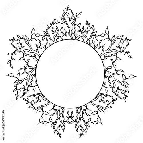 Monochrome black and white branches with leaves arranged in a circle like a frame . Rectangular frame for postcards, greetings, save the date, wedding invitations.
