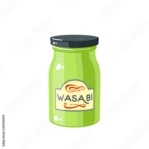 Wasabi sauce jar with lid, traditional japanese condiment, vector illustration cartoon icon isolated on white background.