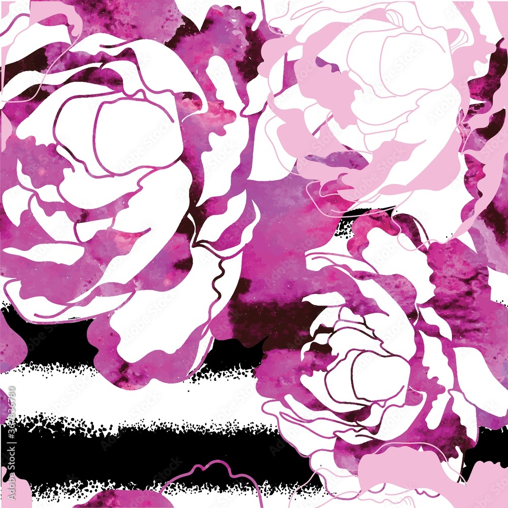 Obraz premium Seamless pattern with peonies and roses. Stylish background. Texture watercolor paint.