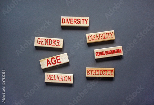 Diversity ethnicity gender age sexual orientation religion disability words written on wooden block. Beautiful grey background. Equality and diversity concept.