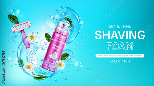 Shaving foam and safety razor blade with water splash, mint leaves and chamomile flowers. Women cosmetics promo with pink bottle and shaver. Body care cosmetic product, realistic 3d vector banner