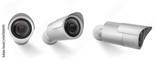 Security camera in different views. Vector realistic set of cctv cam, watching system, video control of safety. Hanging web camera for surveillance and recording isolated on white background