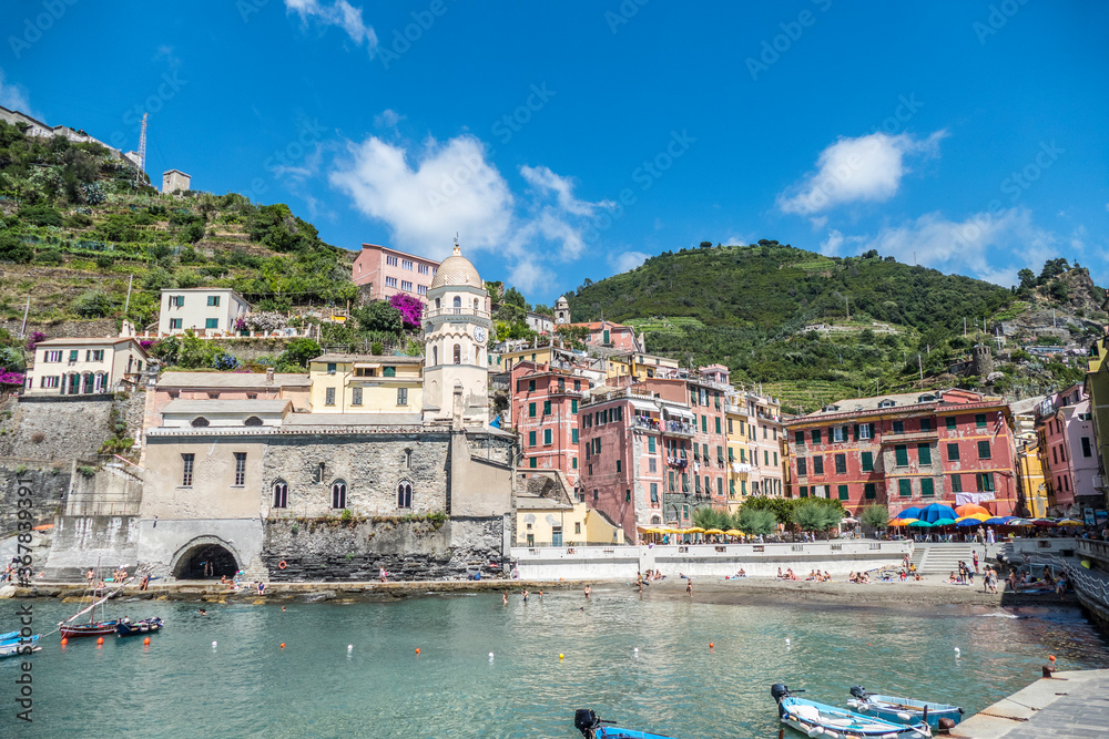 The seafront with  a church of Vernazza in the Cinque Terre