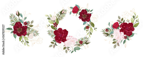 Set bouquets with leaves and flowers, watercolor, isolated on white. Vector Watercolor.
