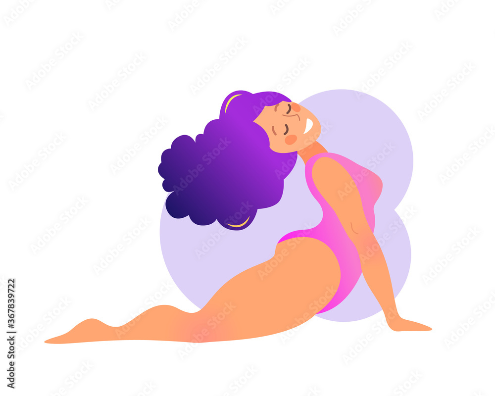 Plus size curvy lady doing yoga class. Vector illustration isolated on white. Online home workout concept. Bodypositive. Attractive overweight woman. Upward-Facing Dog Pose or Urdhva Mukha Shvanasana.