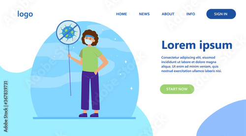 Person protesting against coronavirus. Man wearing face holding placard with stop sign flat vector illustration. Epidemic, spread, virus concept for banner, website design or landing web page