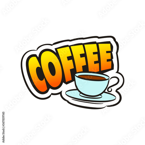 Comic coffee logo sticker.  Emotions badge in pop art style. Cartoon logotype with cup for cafe, bar, menu, restaurant. Vector Isolated illustration
