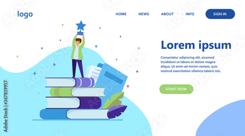 Man getting award in writing. Star, writer, feather flat vector illustration. Knowledge and education concept for banner, website design or landing web page